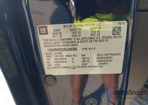 2011 GMC Acadia Sl из США, поврежденный, VIN 1GKKRNED2BJ406385